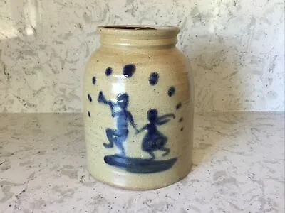 1988 B. Stebner Pottery Crock Hartville Ohio Cobalt Blue Two Children 7  X 8.5  • $249.95