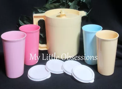 Tupperware 1 Qt Pitcher W/ Set Of 4 - 9 Oz Tumblers Cups Blue Yellow Pink~NEW • $29.95