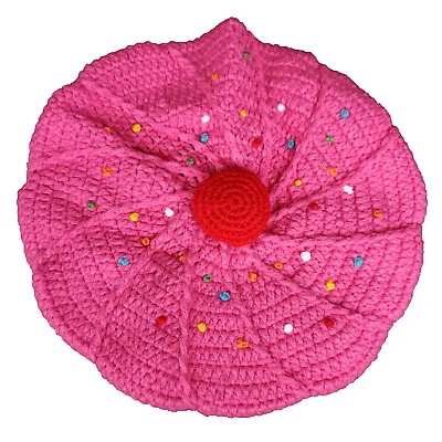 Twinkie Chan Cupcake Beret Knit Hat Cap Hand Knitted 3D Cherry Pink Yellow New • $17.99