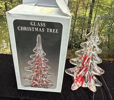 Vintage CRYSTAL CLEAR GLASS CHRISTMAS TREE 6 1/2 Inch Art Decoration Red -S65 • $40
