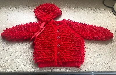 New Hand Knitted Red Cardigan With  Bonnet  0-3Months • £8.99