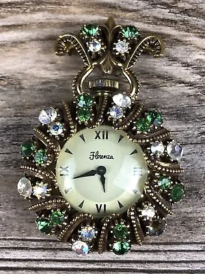 Vintage Florenza Watch Clock Green Clear Rhinestone Brooch Pin • $49.99