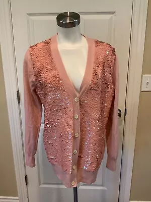 J. Crew Pink Sequin Front V-neck Button-Up Cashmere Blend Cardigan Size Medium • $35.44