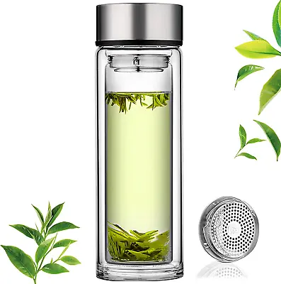 Glass Tea Infuser Bottle Double Wall Borosilicate Portable Travel Mug Tea Tumble • $21.02