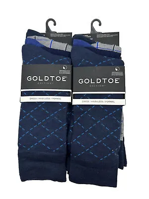 Gold Toe Dress Socks Men's Size 6-12.5 Windowpane 6 Pair Navy Blue Gray NWT • $17.99