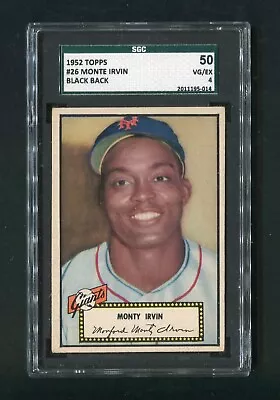 Monte Irvin #26 1952 Topps Black Back Baseball First Card Graded SGC 50 VG/ EX 4 • $129.95