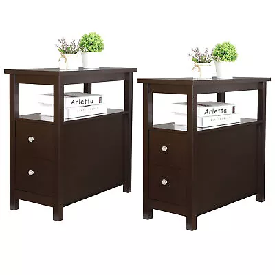 Set Of 2 Narrow End Table W/2 Drawers Open Shelf Sofa Side Table For Living Room • $93.58