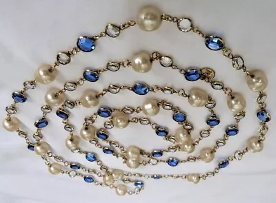 Vintage 1981 Chanel Gripoix Blue Crystal Faux Baroque Pearl Sautoir Necklace 63  • $2489.09