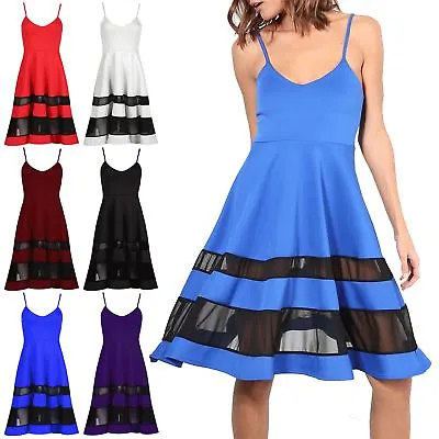 Womens Skater Dress Ladies Mesh Insert Sleeveless Strappy Swing Flare Midi Dress • £5.40