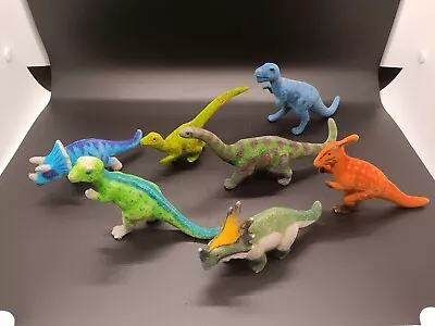 Vintage 1980s Soft Fuzzy Flocked Plastic Dino Dinosaurs Toy Figures Lot Of 7 • $20