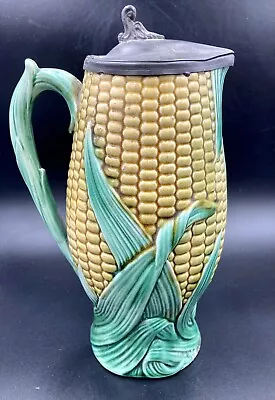 Antiques Minton England Majolica Corn Pitcher With Lid Paint Chip On Bottom • $99