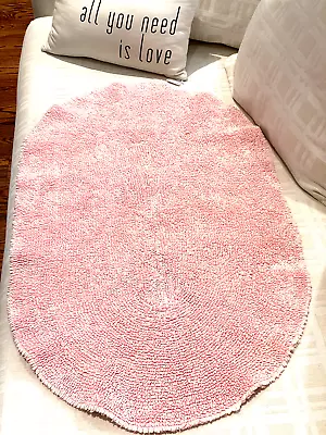 Vtg Pink Chenille Bath Mat Rug Reversible All Cotton Oval Washable 22.5  X 38  • $22.20