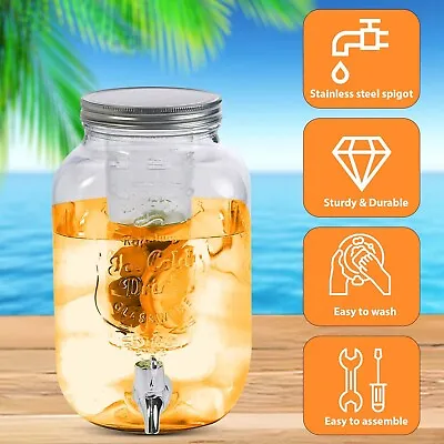 4L Glass Beverage Drinks Dispenser Jug Jar Lid Juice Cocktail BBQ Party Rustic • £11.85