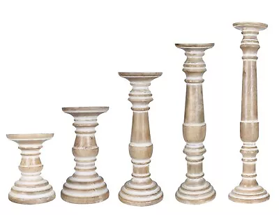 Natural Rustic Shabby Chic Solid Carved Pillar Church Wooden Candle Holder Stick • £12.99