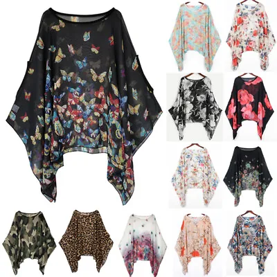 £10.74 • Buy Plus Size Ladies Semi Sheer Chiffon Print Kaftan Blouse Tunic Shirt Batwing Top