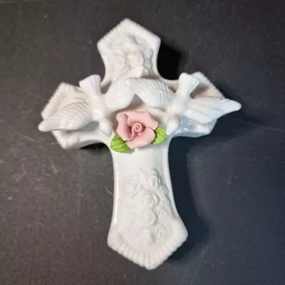 Vintage Giftco White Porcelain Cross Shaped Ceramic Box 2 Birds And Flowers • $10