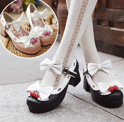 Girls Sweet Bowtie Strap Buckle Platform Lolita Shoes Chunky Heels Cosplay Party • £24.02