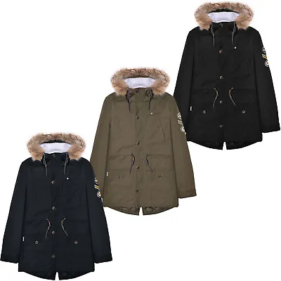 Lambretta Mens Parka Long Sleeve Zip Up Faux Fur Hooded Warm Winter Jacket Coat • £69.95