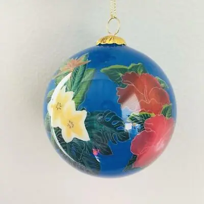 Hawaiian Hand Painted Blue Hawaii Islands & Flowers Glass Christmas Ornament • $20.79