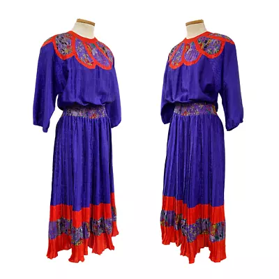 Vtg 80s 1980s Diane Freis Designer Purple Red Romantic Fem Flowy Midi Dress • $120