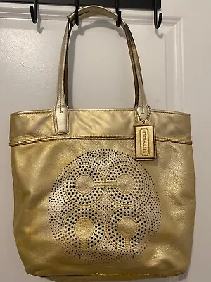 Coach 17041 Audrey Leigh Metallic Gold Perforated Leather Shoulder Bag Tote VGUC • $58