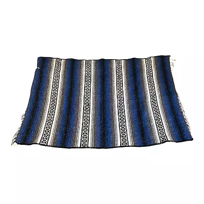 Vintage Mexican Sarape Blanket Rug Franks Textiles Southwest Striped Blue 39x61 • $32.49