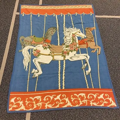 Vintage Mora Son De Abrigo Spain Carousel Horses Flowers Fleece Blanket 58x78 • $51.72