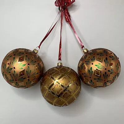 3 Vintage European Glass Ornaments Gold Made In Poland 4  Ball Hand Painted • $18.50