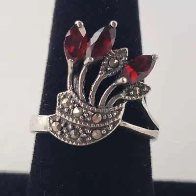 Sterling Silver Ring Red Garnet & Marcasite 4.2g Size 8 [7427] • $42.95