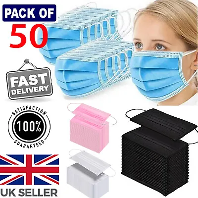 50 X Disposable Face Masks 3 Ply Dental Non Medical Surgical Face Mask Covering • £5.95
