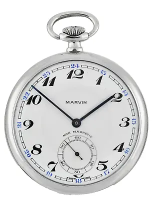 Vintage MARVIN Stainless Steel Pocket Watch - Slim Line - 17 Jewels - All Swiss • $185.92