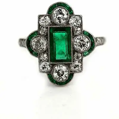 Lab-Created Intense Green Bezel Set Emerald & Old White CZ Art Deco Vintage Ring • $150