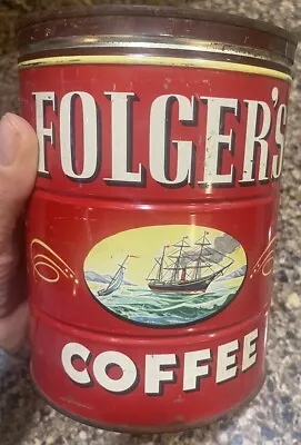 Vintage 1946 FOLGER'S Coffee Tin 2 Lb Red Can With Lid Mountain Grown • $22.50