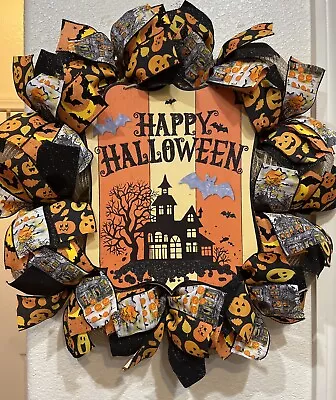 FARMHOUSE HAPPY HALLOWEEN Haunted House 🎃🦇 BURLAP Deco Mesh WREATH 24 X 24 • $55.21