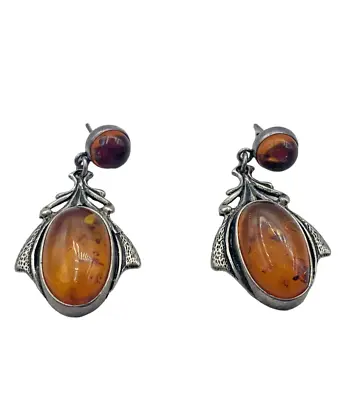 Vintage Sterling Silver Baltic Amber Drop Earrings • $37.99