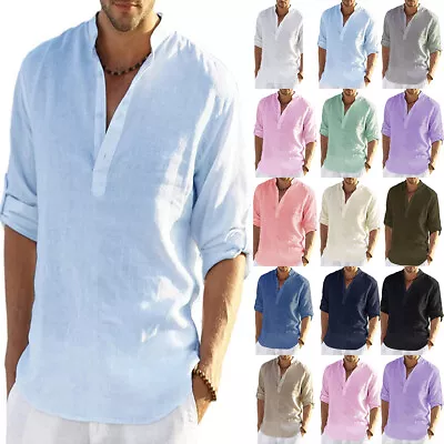 Mens Cotton Linen Shirts Top Casual Loose Summer Beach Solid T Shirt Blouse Size • £10.89