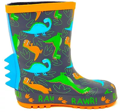 Boys Dinosaur 3d Rubber Wellies Navy Rain Wellington Boots Infants Uk Size 5-10 • £15.95