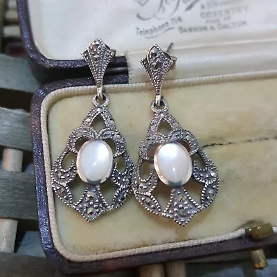 Vintage 925 Sterling Silver Earrings Marcasite And Mother Of Pearl Art Deco  • £35