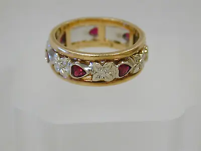 Vintage Art Carved 14K Two Tone Gold Heart Shape Natural Ruby Eternity Band • $1600