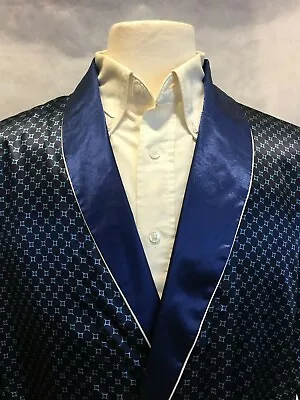 Mens Silk Satin Robe - Navy Royal Blue Checker White Piping -''5 Day Delivery'' • $119.50