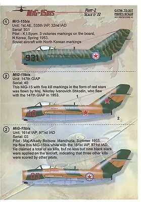 Print Scale Decals 1/72 MIKOYAN MiG-15 FAGOT Soviet Jet Fighter Part 2 • $13.99