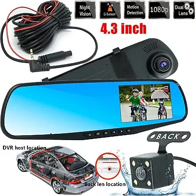 4.3 1080P Dual Lens Dash Camera Rear View Camera Car DVR Reversing Mirror Record • $42.99