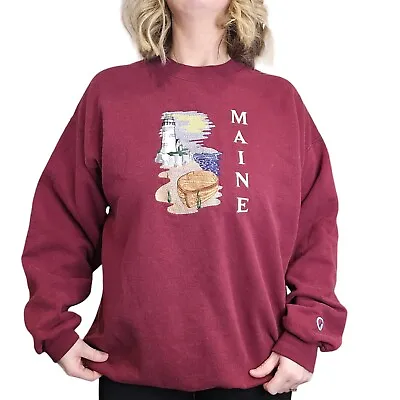 Vintage 90s Maine Large Embroidered Crewneck Sweatshirt Maroon Lighthouse Beach • $49.99