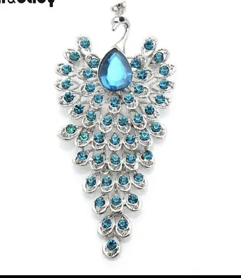 Vintage  Rhinestones Crystal Peacock Brooch Blue Feathers Pin • $16.50