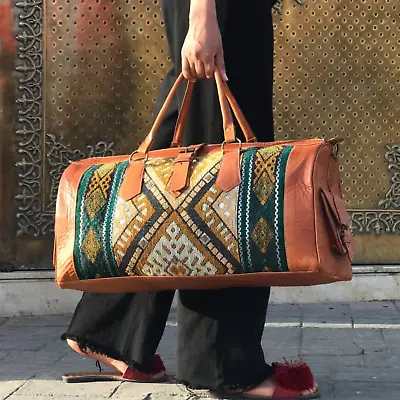 Moroccan Style Green Carpet Leather Weekender Bag - Handmade Travel Leather Bag • $155.99