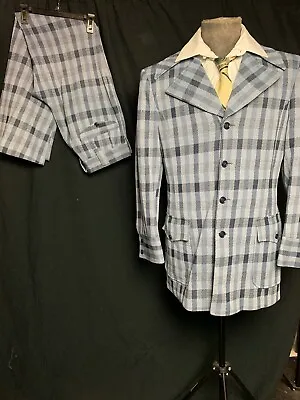Vtg 70s Tongbuk Blue Plaid Suit 36L Jacket Bell Bottom Flare Pants 32x32 5b 2v • $72