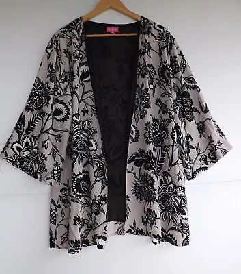 Emme Kimono Jacket S Womens Beige Black White Floral Lined Open Plus Size • $22.99