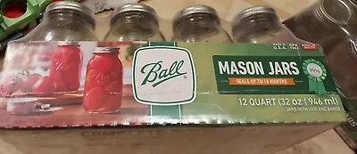 $25 • Buy Ball Mason Jars 32oz Wide Mouth Mason Lids Bands Clear Glass Quart Canning (12) 