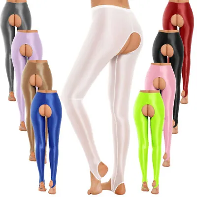 Women's Glossy Leggings Wet Look Trousers Open Crotch Elastic Waistband Pants • $12.92