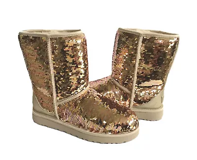 Ugg Classic Short Sequin Sparkles Gold Combo Boots Us 6 / Eu 37 / Uk 4  - Nib • $169